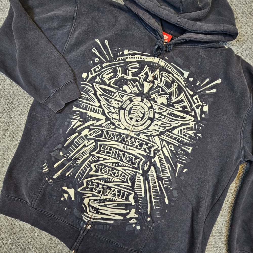 Y2k Element Skateboards Mens XL Full Zip Hoodie Black Graphic New York Tokyo
